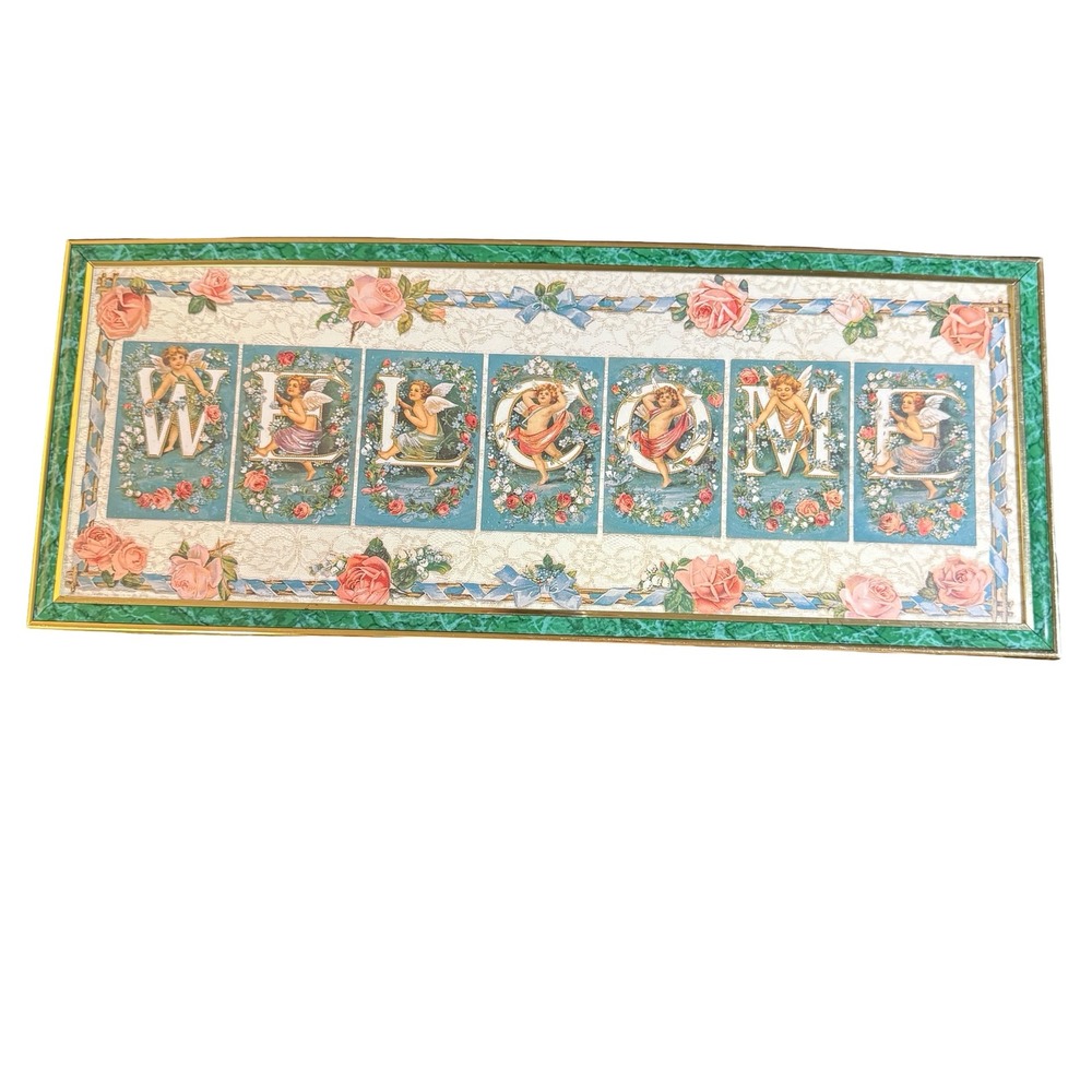 Vintage Victorian Cherub Welcome Sign Framed Wall Decor Roses Gold Green 19.5x8